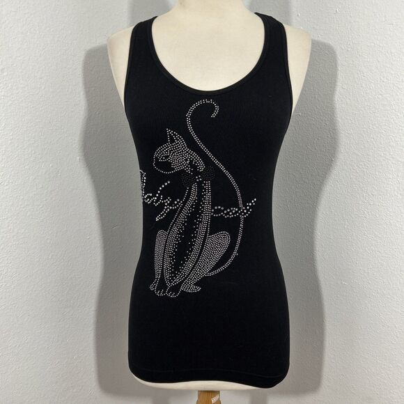 F and G Tank Top Womens OS Black Baby Cat Rhineston Grunge Festival Y2K - Picture 1 of 8